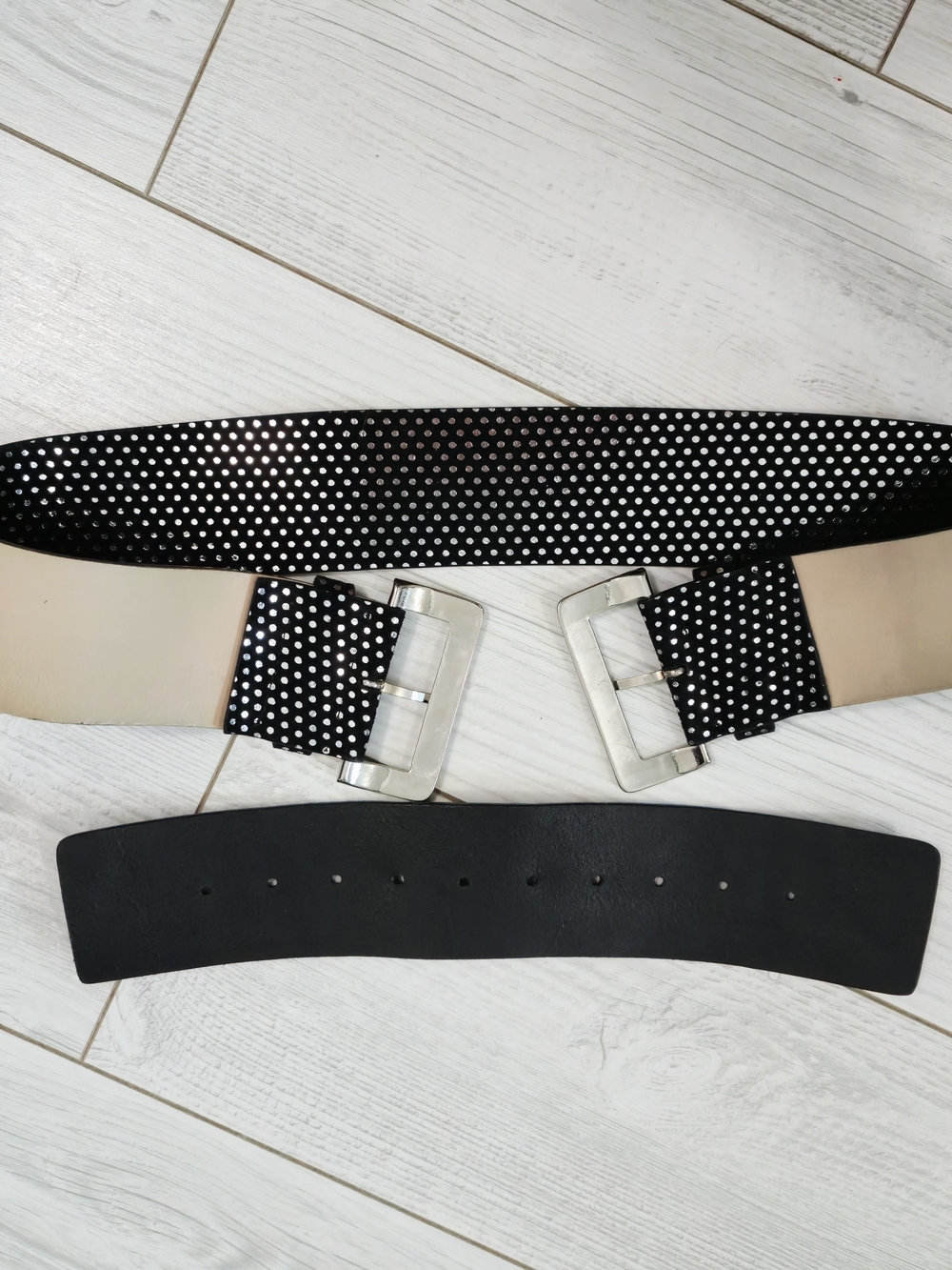 Garuglieri Italian Leather Black Studded Double-Buckle Waist Belt/ Silver Size L - Picture 5 of 12